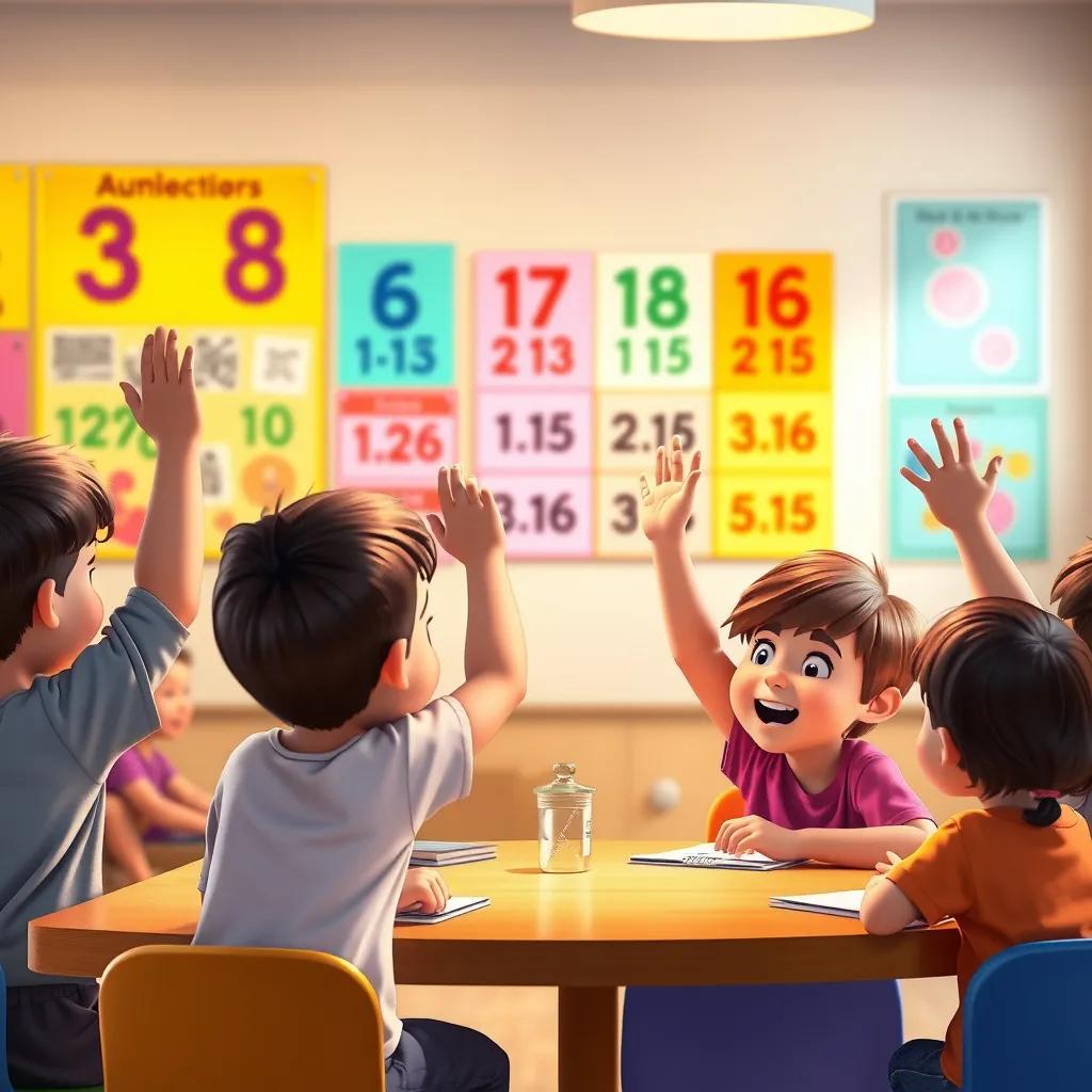 Children discussing excitedly about rounding numbers, hands up to answer questions, colorful posters in the background, warm light, friendly atmosphere, digital art, high quality