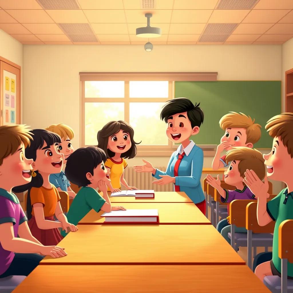A classroom at the end of the lesson, children smiling and thanking the teacher, bright sunlight coming through the windows, feelings of joy and achievement, vibrant colors, warm imagery, high quality