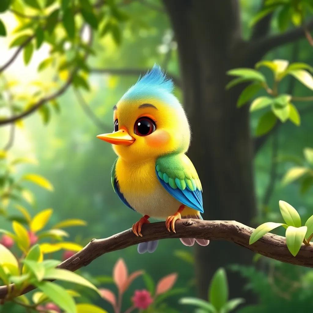 A small bird named Toto, bright and colorful, sitting on a branch in a lush green forest, cheerful atmosphere, digital art, vibrant colors, child-friendly, engaging, high quality