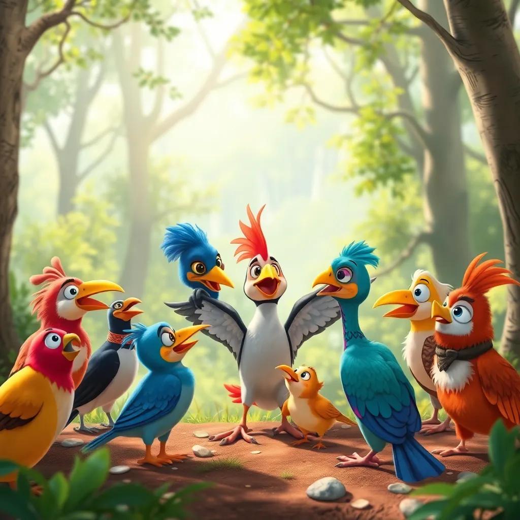 A scene with several birds, diverse species, working together to help Toto, in a bright forest, showing teamwork and friendship, illustration, warm light, child-friendly, high quality