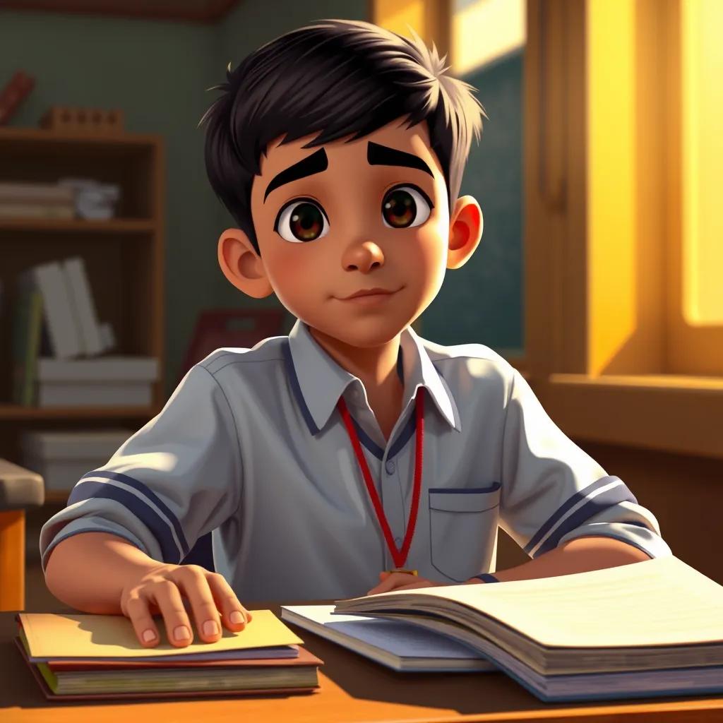 A boy named Ahmed, a Middle-Eastern boy, with short black hair, wearing a school uniform, sitting at a desk with books and papers, focused and determined expression, digital painting, warm light, vibrant colors, inspiring atmosphere, high quality