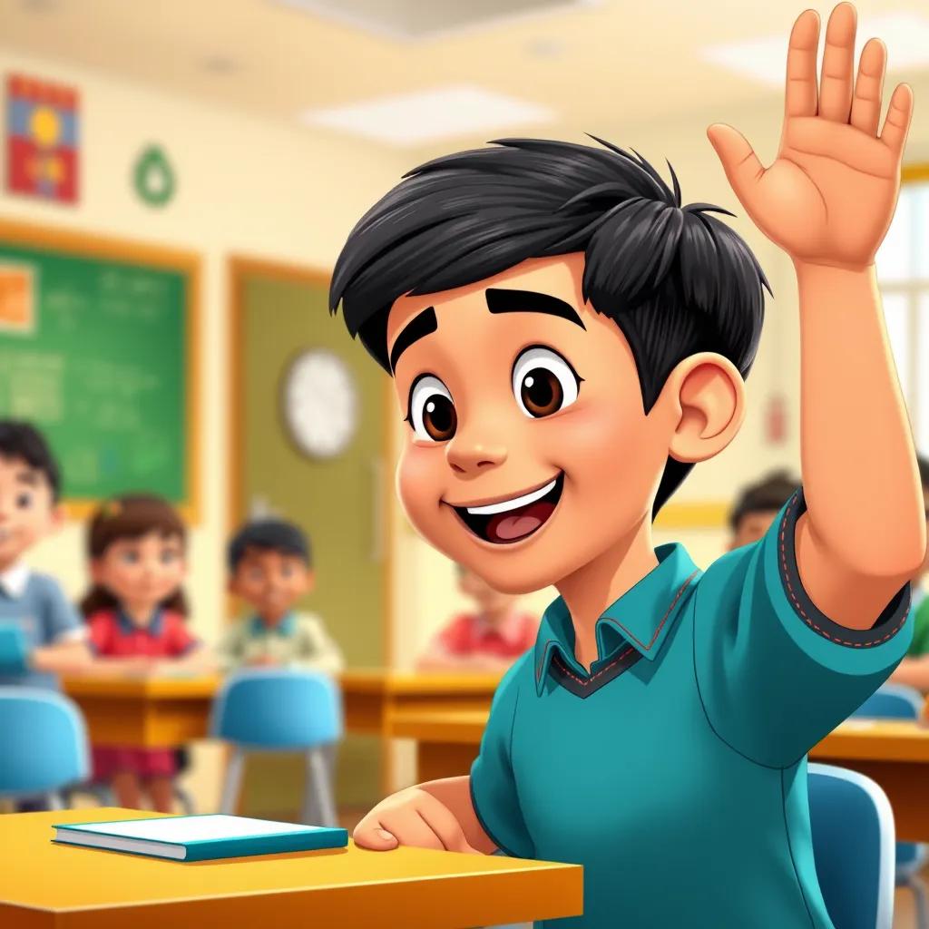 A Middle-Eastern boy named Ahmed, with short black hair in a classroom setting, engaging with a teacher, smiling and raising his hand, bright classroom, cheerful, colorful illustrations, joyful atmosphere, high quality