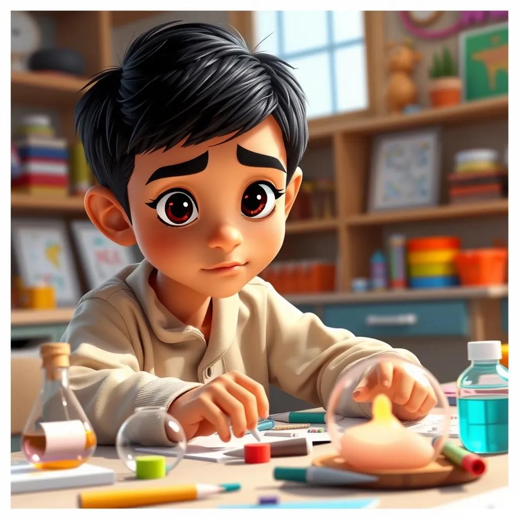 A Middle-Eastern boy named Ahmed, with short black hair, working on a science project at a table filled with materials, serious and creative expression, bright and colorful room, vibrant colors, detailed, high quality