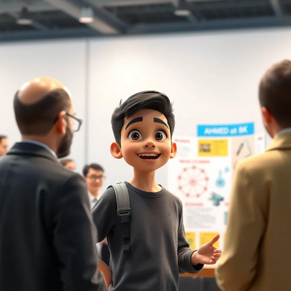 A Middle-Eastern boy named Ahmed, with short black hair, presenting his science project in front of judges, confident and excited expression, bright lighting, focus on Ahmed and his project, detailed, high quality