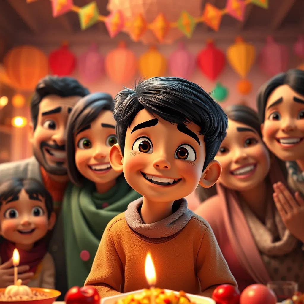 A Middle-Eastern boy named Ahmed, with short black hair, celebrating with his family, all smiling and happy, colorful decorations in the background, warm lighting, joyful and heartwarming scene, high quality