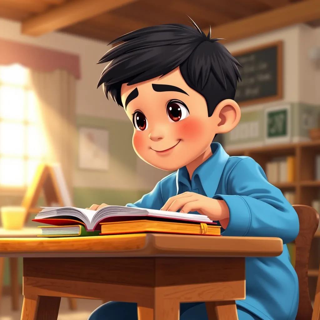 A young Arab boy, Sami, with short black hair, wearing a blue school uniform, sitting at a wooden desk with books and a notebook, focused on studying, warm light, cheerful atmosphere, digital illustration, high quality