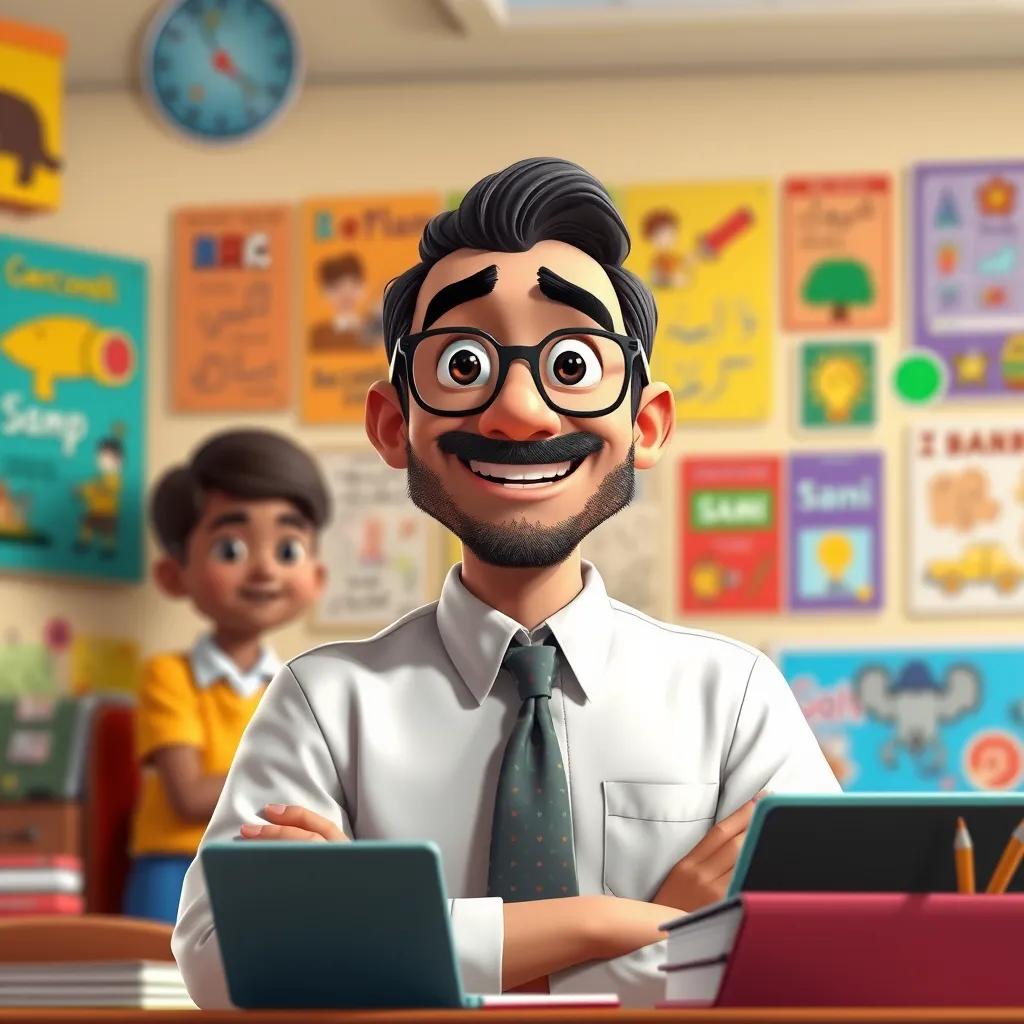 A supportive teacher, a middle-aged Arab man, with glasses, wearing a white shirt and a blue tie, smiling and encouraging Sami in a classroom filled with colorful educational posters, vibrant colors, friendly ambiance, highly detailed illustration