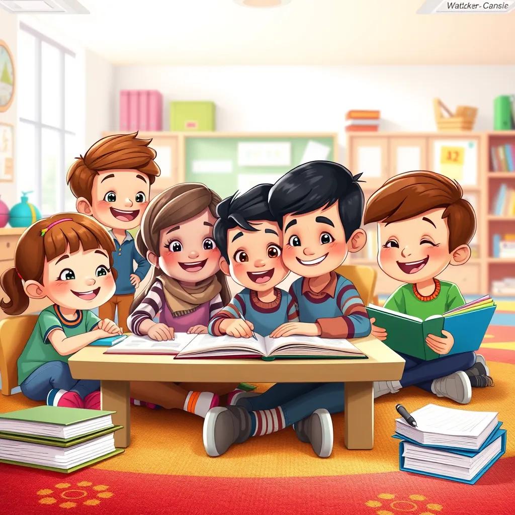 A group of schoolchildren, including Sami, studying together with happy faces, in a bright room with colorful carpets and educational materials, joyful expressions, teamwork, children's illustration, bright and lively colors