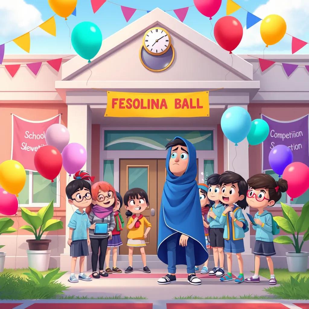 A school building decorated for a competition day, with banners and colorful balloons, where Sami is nervously waiting for the event with a group of excited students, festive atmosphere, colorful scene, cheerful illustration