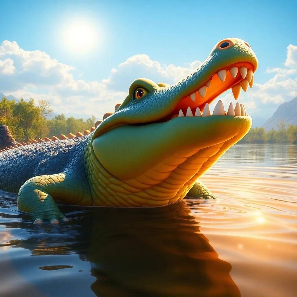 A big crocodile named Kristo, with shiny scales and bright eyes, swimming in a large river, under the shining sun, digital art, vibrant and warm colors, inviting atmosphere, high quality