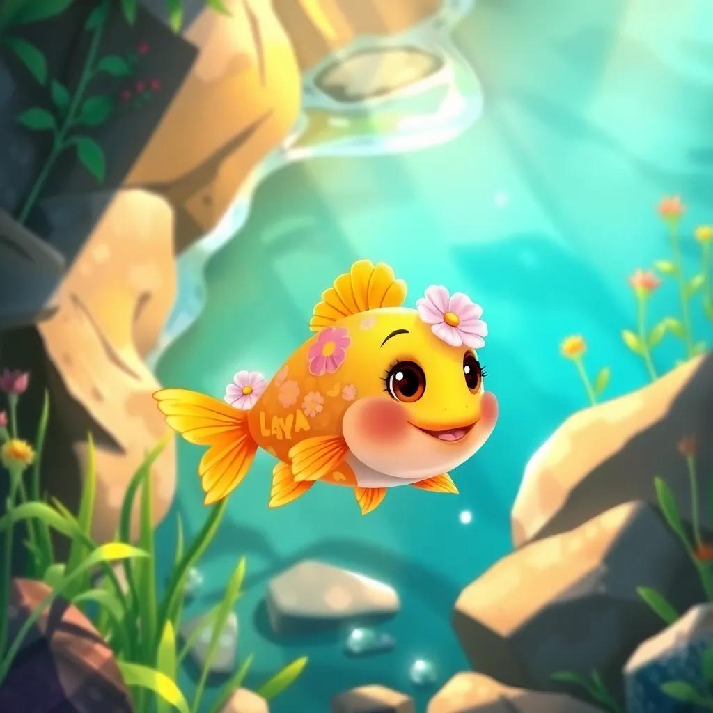 A small fish named Layla, with beautiful colors like flowers, swimming near the rocks in the river, surrounded by green plants and sunlight, cheerful illustration, child-friendly style, inviting scene, high quality
