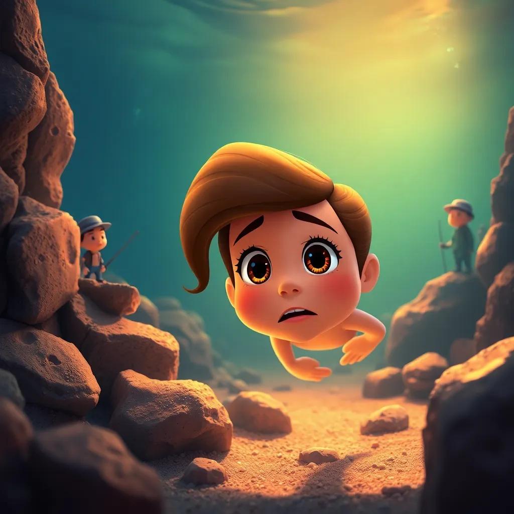 Layla looking frightened, swimming near the rocks while a small fisherman lurks nearby, with a worried expression, colorful underwater setting, heartwarming scene, warm light, high quality