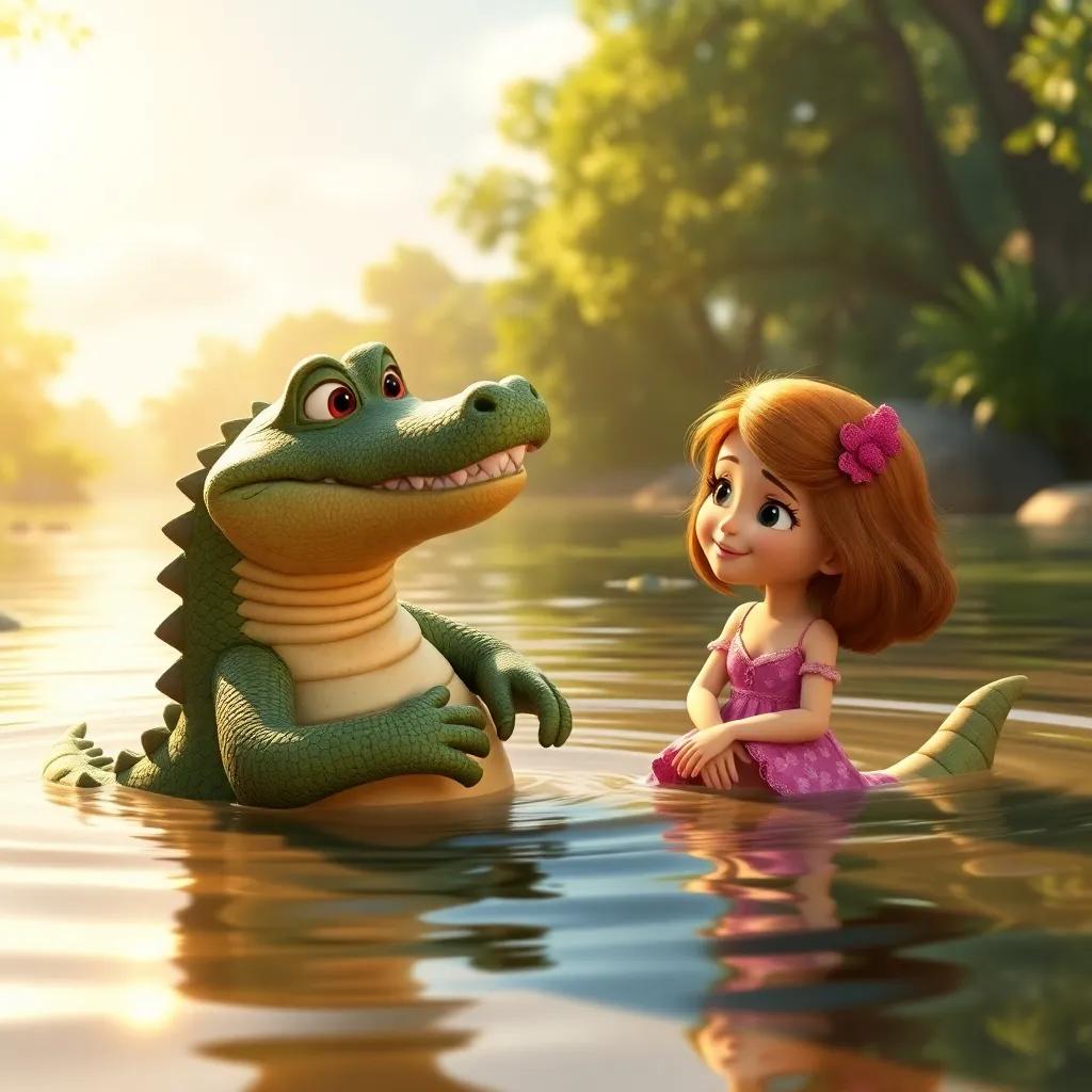 Kristo the crocodile reassuring Layla with a deep and comforting voice, ready to help her out of trouble, in the beautiful river, warm sunlight flooding the scene, friendly atmosphere, high quality