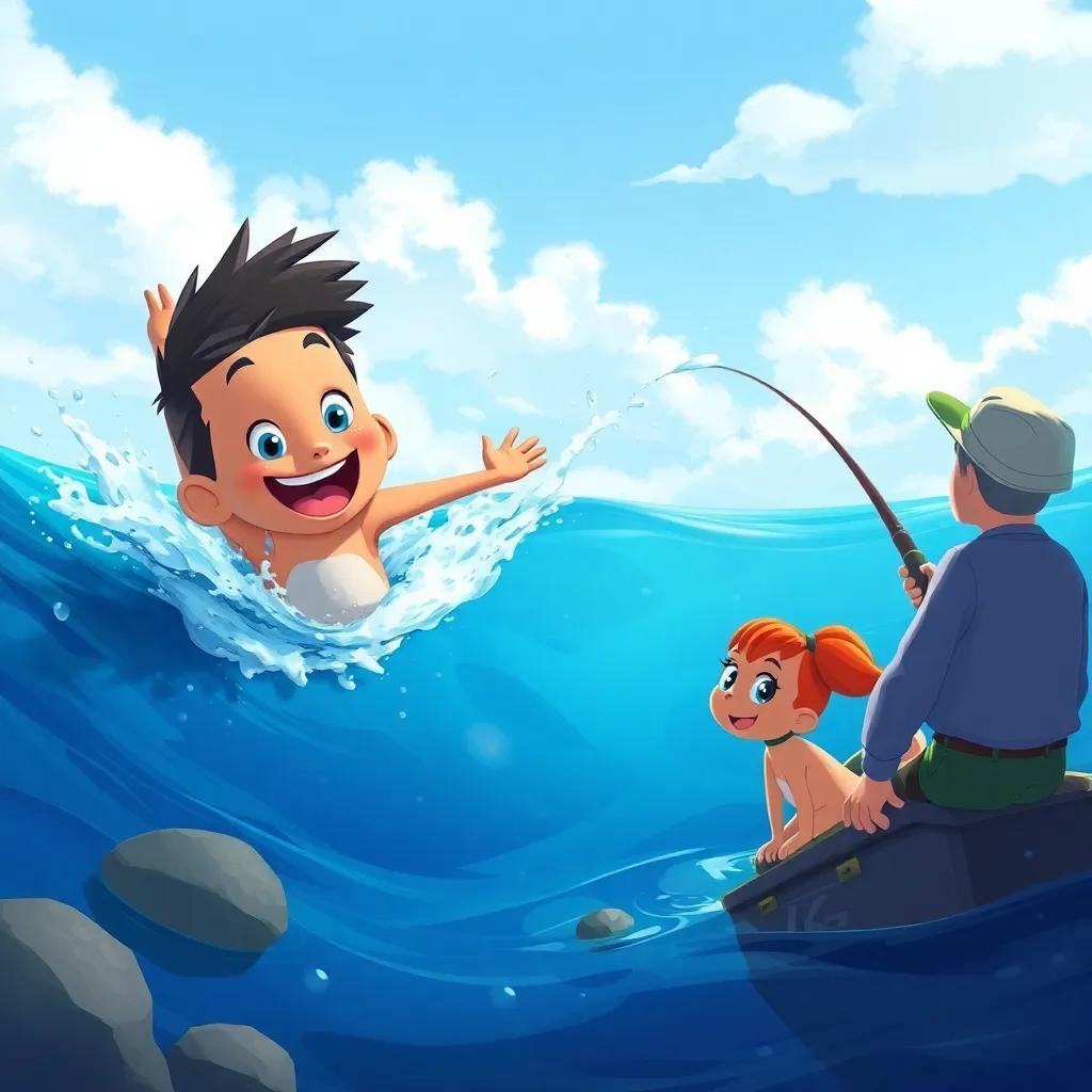 Kristo splashing through the water boldly, swimming quickly to distract the fisherman, while Layla watches from a safe distance, colorful illustration, adventurous feeling, high quality