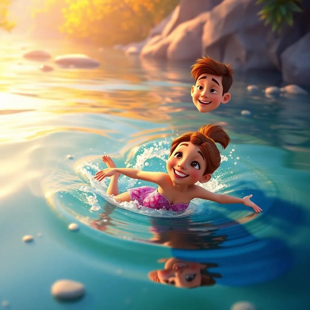 Layla swimming away fast, feeling grateful for Kristo's help, as Kristo watches her with a friendly smile, in the vibrant river, warm colors, joyful atmosphere, high quality