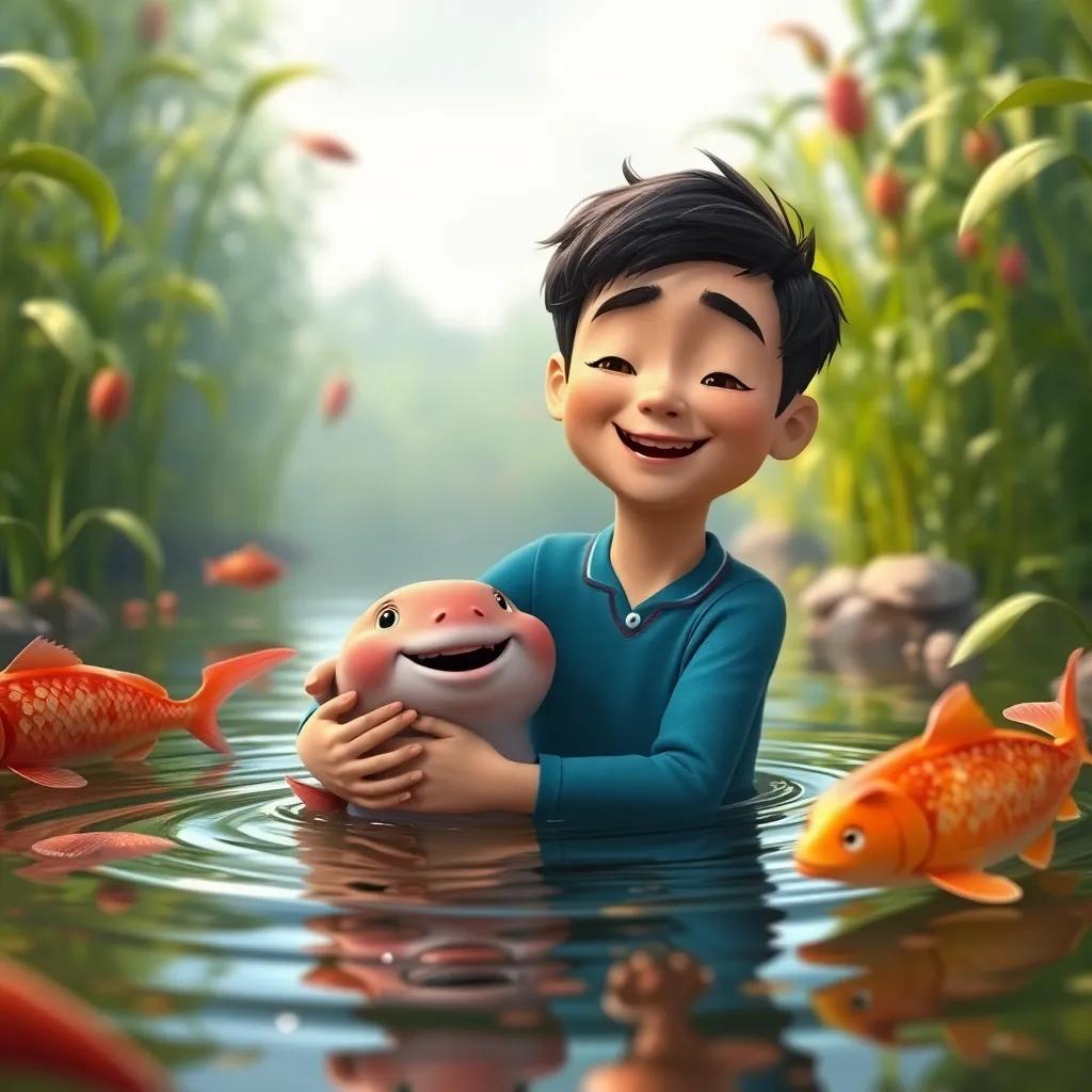Kristo feeling happy for saving his friend, with a satisfied expression, in the river surrounded by plants and fish, emotional and heartwarming, high quality