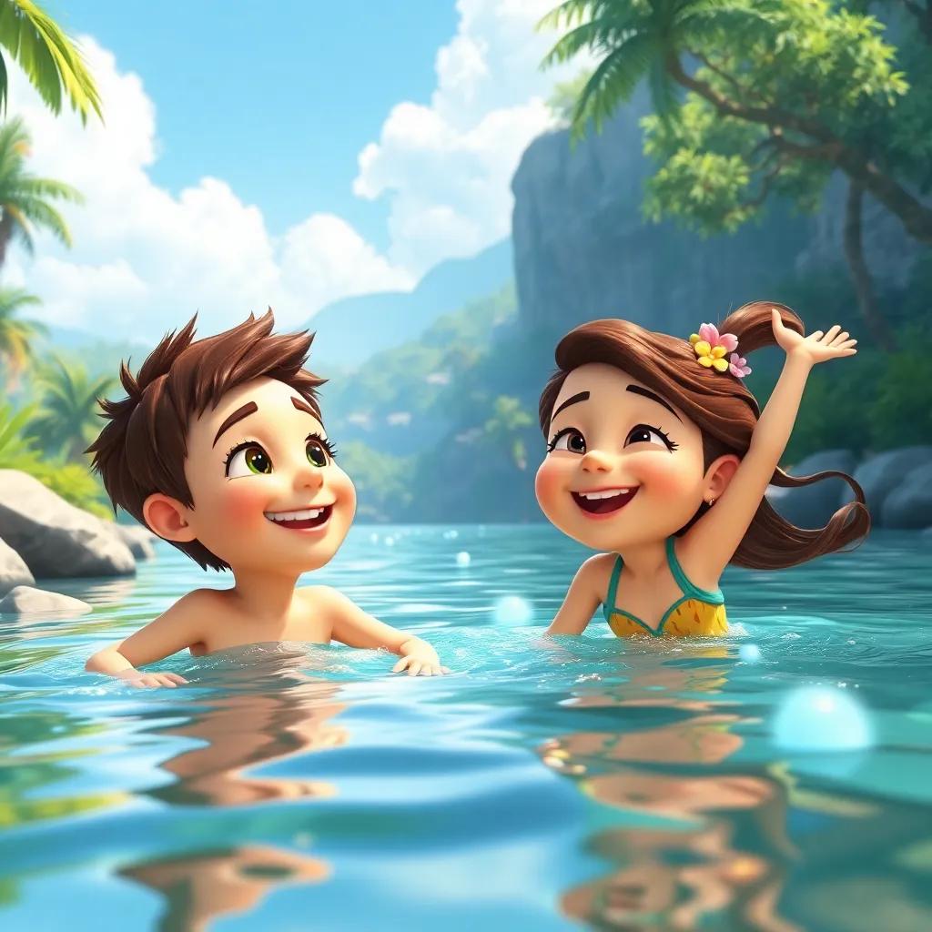 Kristo and Layla enjoying their time together in the beautiful river, swimming and playing under the sun, joyful and colorful scene, vibrant colors, high quality