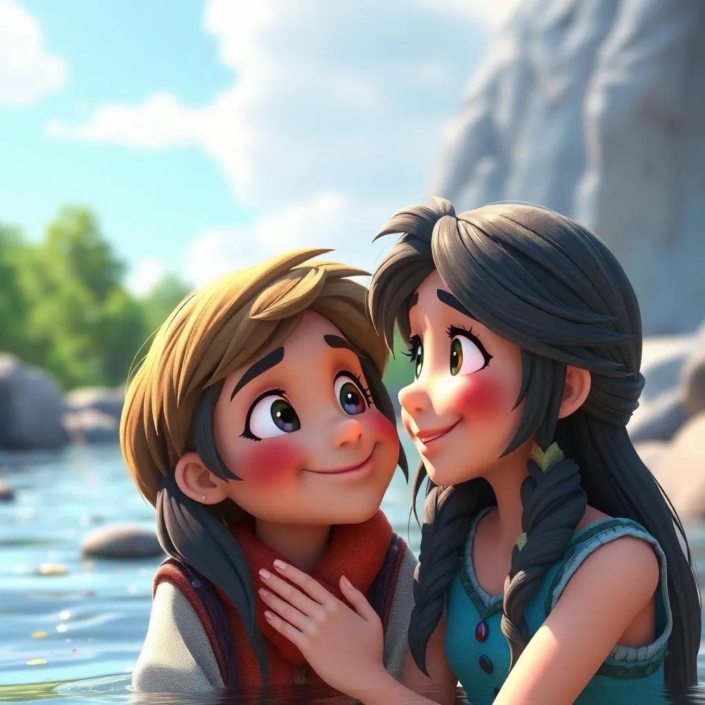 A close-up of Kristo and Layla, looking at each other with friendship and trust in their eyes, surrounded by the river's beauty, heartwarming, colorful, high quality