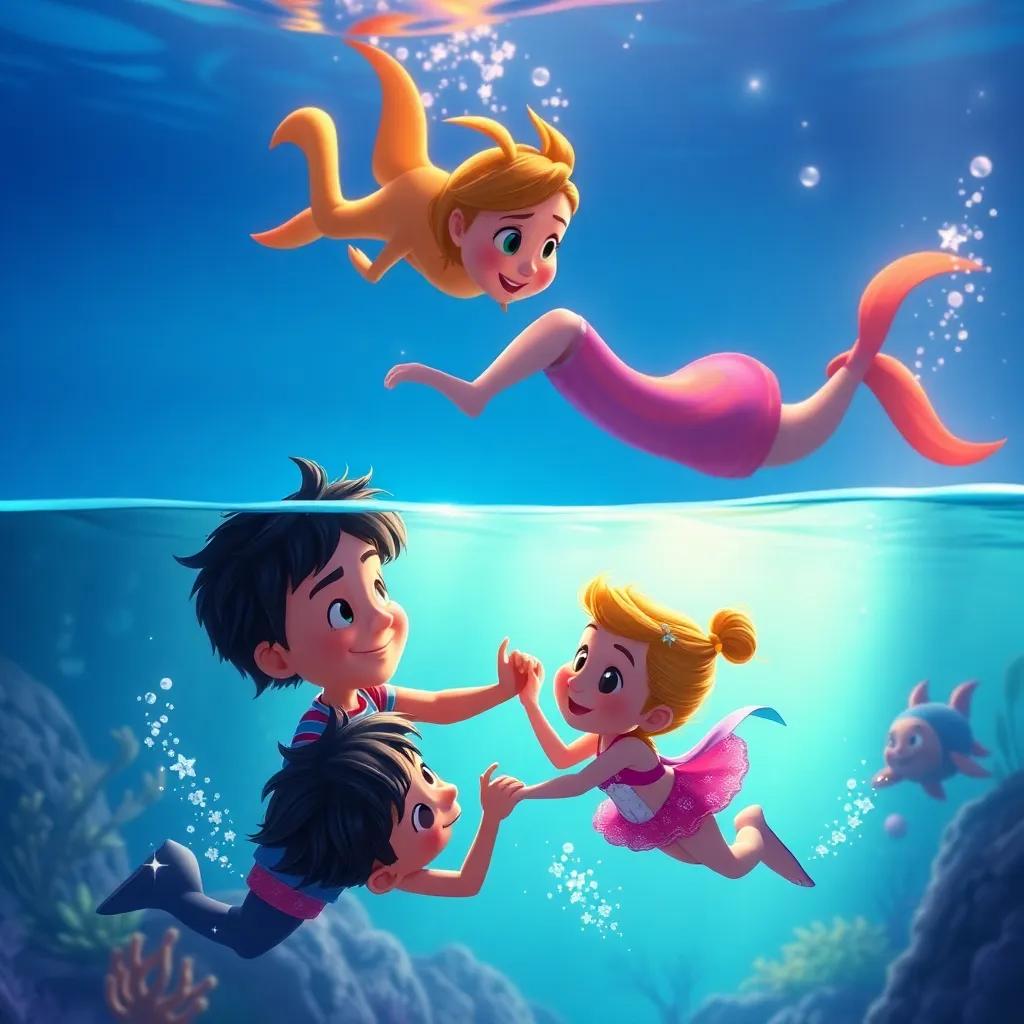 The story ending with scenes of Kristo and Layla swimming and helping each other, their friendship glowing, with bright, vibrant underwater scenery, joyful atmosphere, high quality