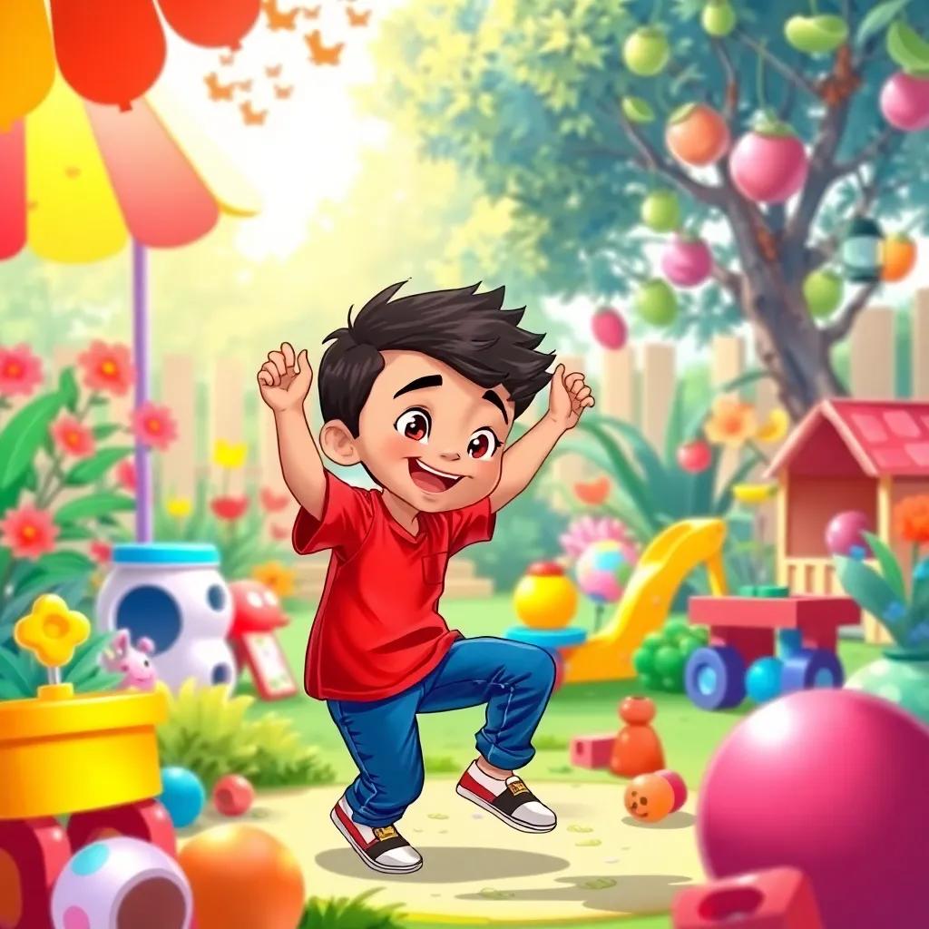 A young Arab boy, Adam, with short black hair, wearing a bright red shirt and blue jeans, playing in a vibrant garden filled with colorful toys, joyful atmosphere, digital art, cheerful colors, high quality, inviting scene