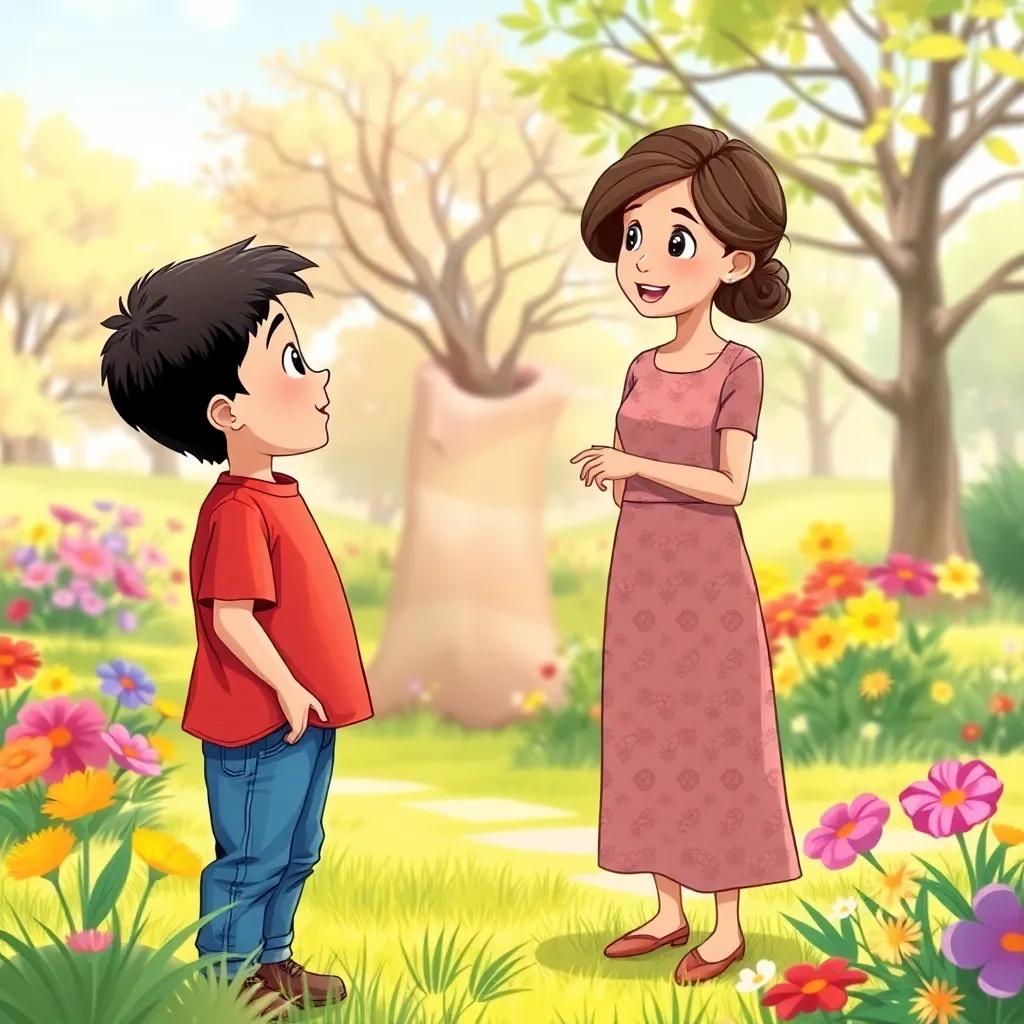 A young Arab boy, Adam, with short black hair, wearing a bright red shirt and blue jeans, talking to a friendly young teacher named Leila, who is wearing a floral dress, in a sunny park with various colorful flowers, warm light, bright and uplifting ambiance, high quality, friendly interaction