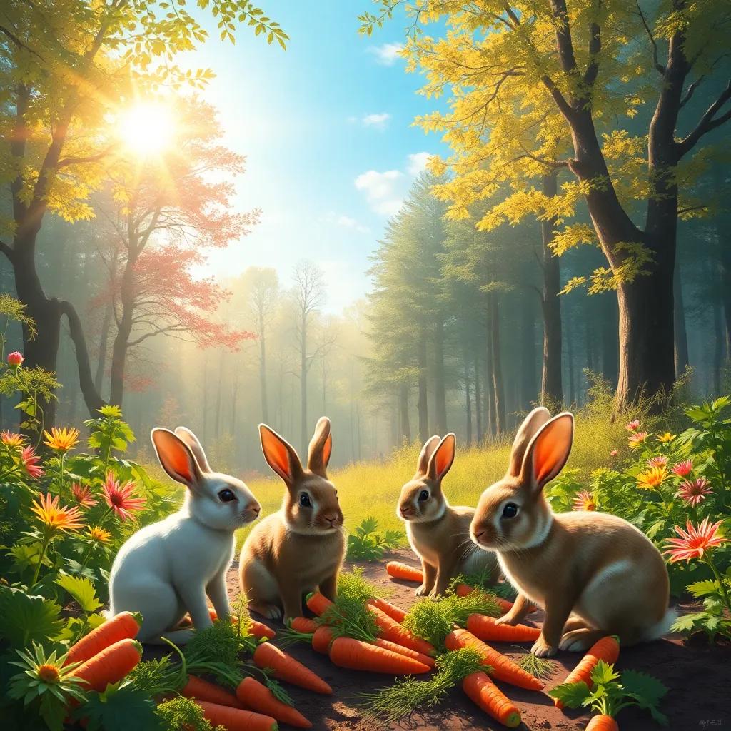 A bright forest in the morning with animals enjoying the sun, rabbits gathering carrots, digital art, vibrant colors, warm sunlight, cheerful atmosphere, high quality