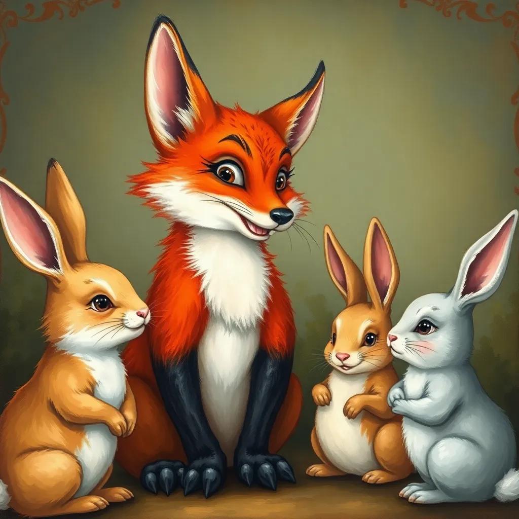 A sly fox with reddish fur and a cunning smile, speaking to the rabbits in a friendly manner, illustration, colorful, engaging, child-friendly