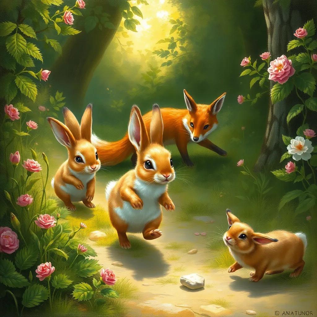 Rabbits happily following the fox, unaware of the trap, lush green surroundings, detailed illustration, warm light, joyful tone, high quality