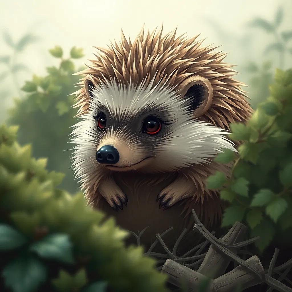 A wise hedgehog watching from a distance, with concerned eyes, surrounded by bushes, digital art, detailed, peaceful setting, high quality