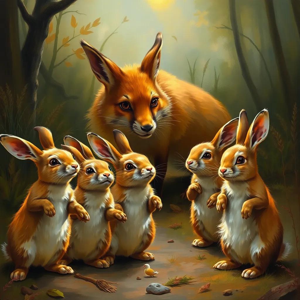 A tense moment where the rabbits stop in their tracks, realizing the fox's deception, with wide-eyed expressions, vibrant colors, dramatic light, high quality