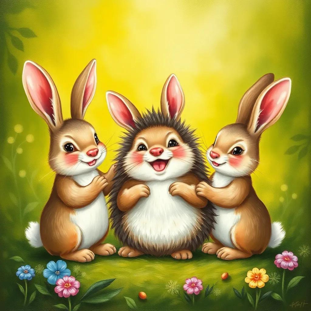 The rabbits thanking the hedgehog joyfully, with bright smiles and a supportive atmosphere, lush green background, illustration, heartwarming, high quality