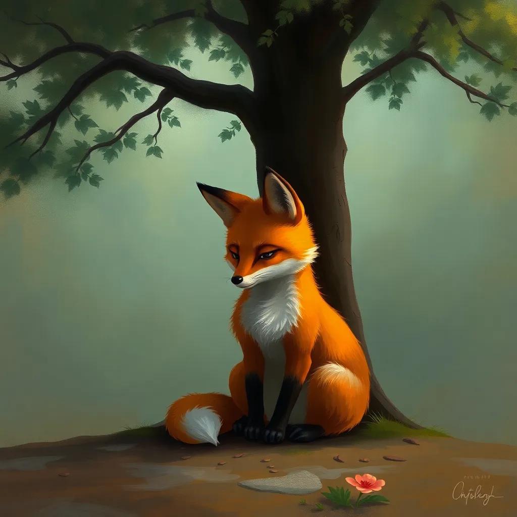 A sad fox sitting alone under a tree, pondering his mistakes, with a downcast expression, soft light, reflective mood, digital art, high quality
