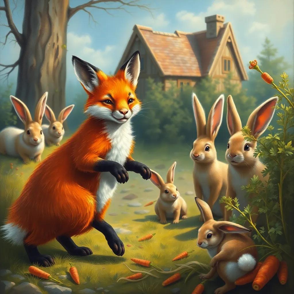 The fox walking towards the rabbits the next day with a friendly smile, offering to help gather carrots, bright cheerful setting, vibrant colors, high quality