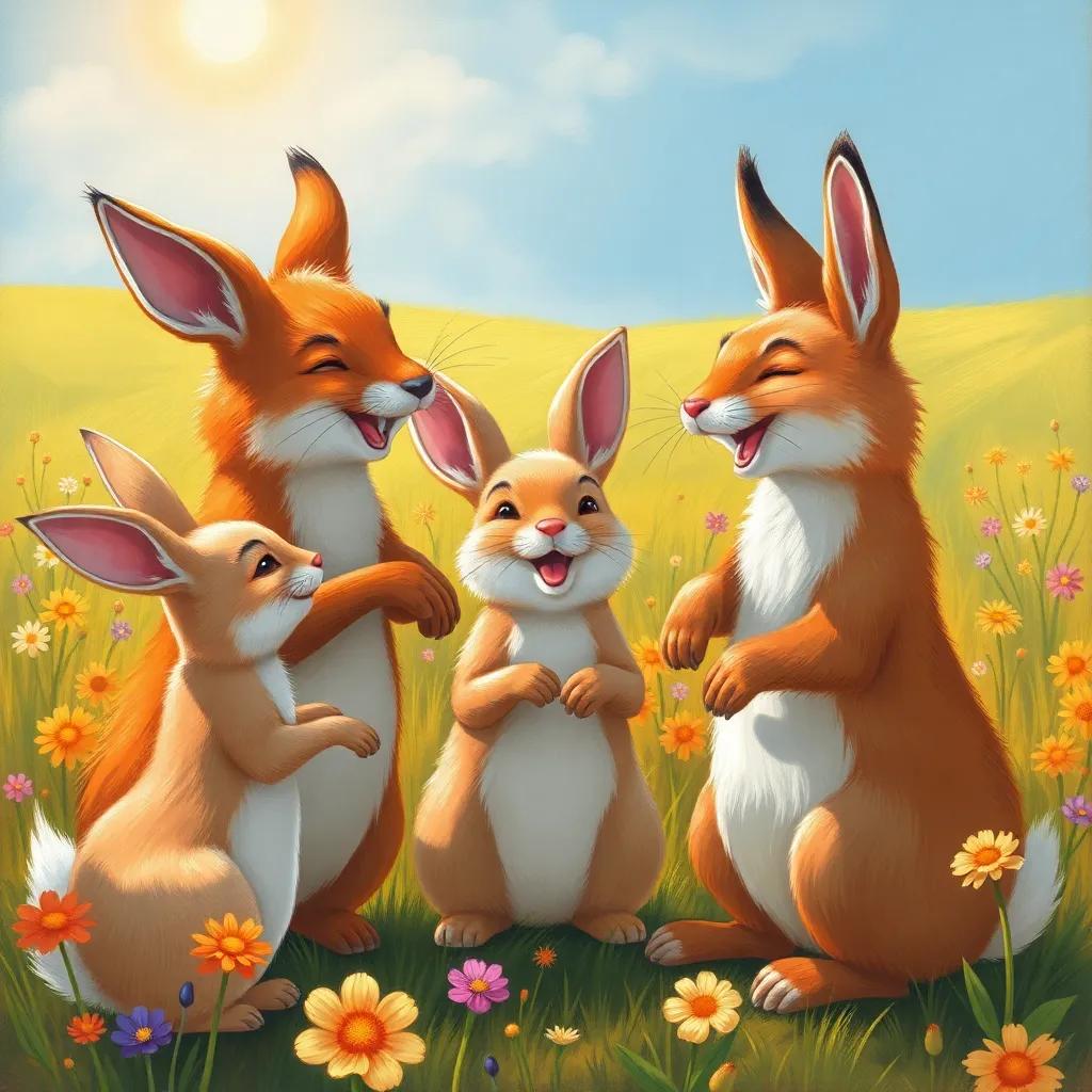 The rabbits happily accepting the fox’s help, smiling and laughing together in a sunny field, illustration, joyful, colorful, high quality