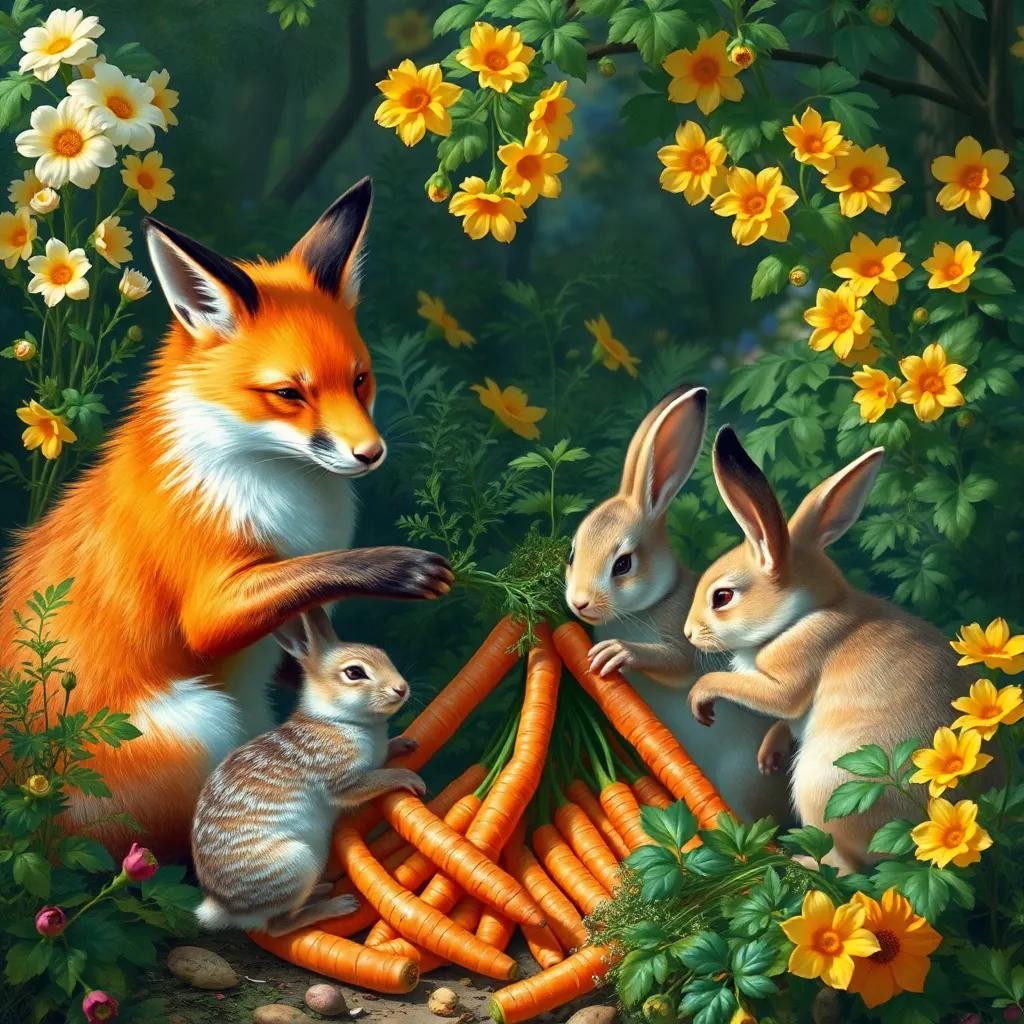 A scene of teamwork as the fox and rabbits gather carrots together, surrounded by flourishing nature, bright and lively atmosphere, digital art, high quality