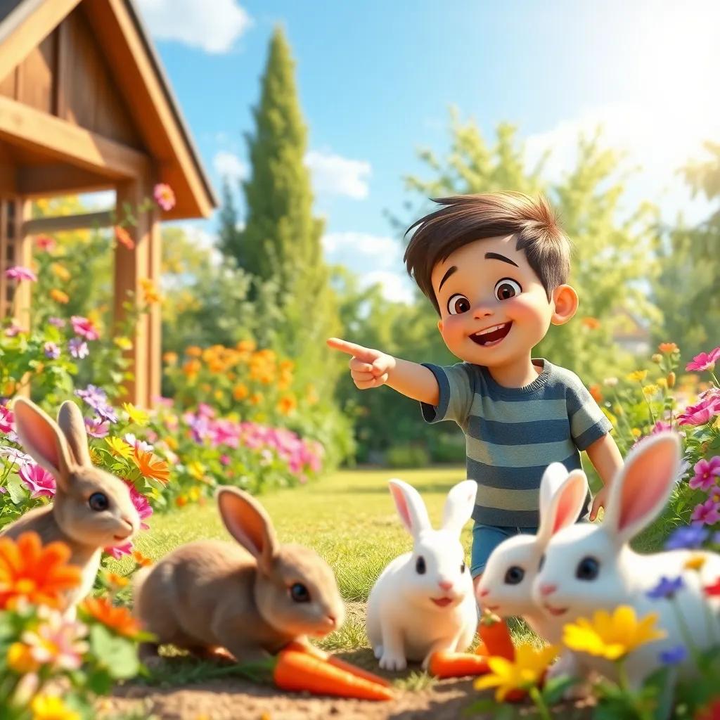 A joyful morning in a bright sunny garden, Hamed Ali Al-Kalbani, a young boy, pointing excitedly at rabbits gathering carrots, colorful flowers around, cheerful atmosphere, digital art, vibrant colors, capturing the playfulness of children.