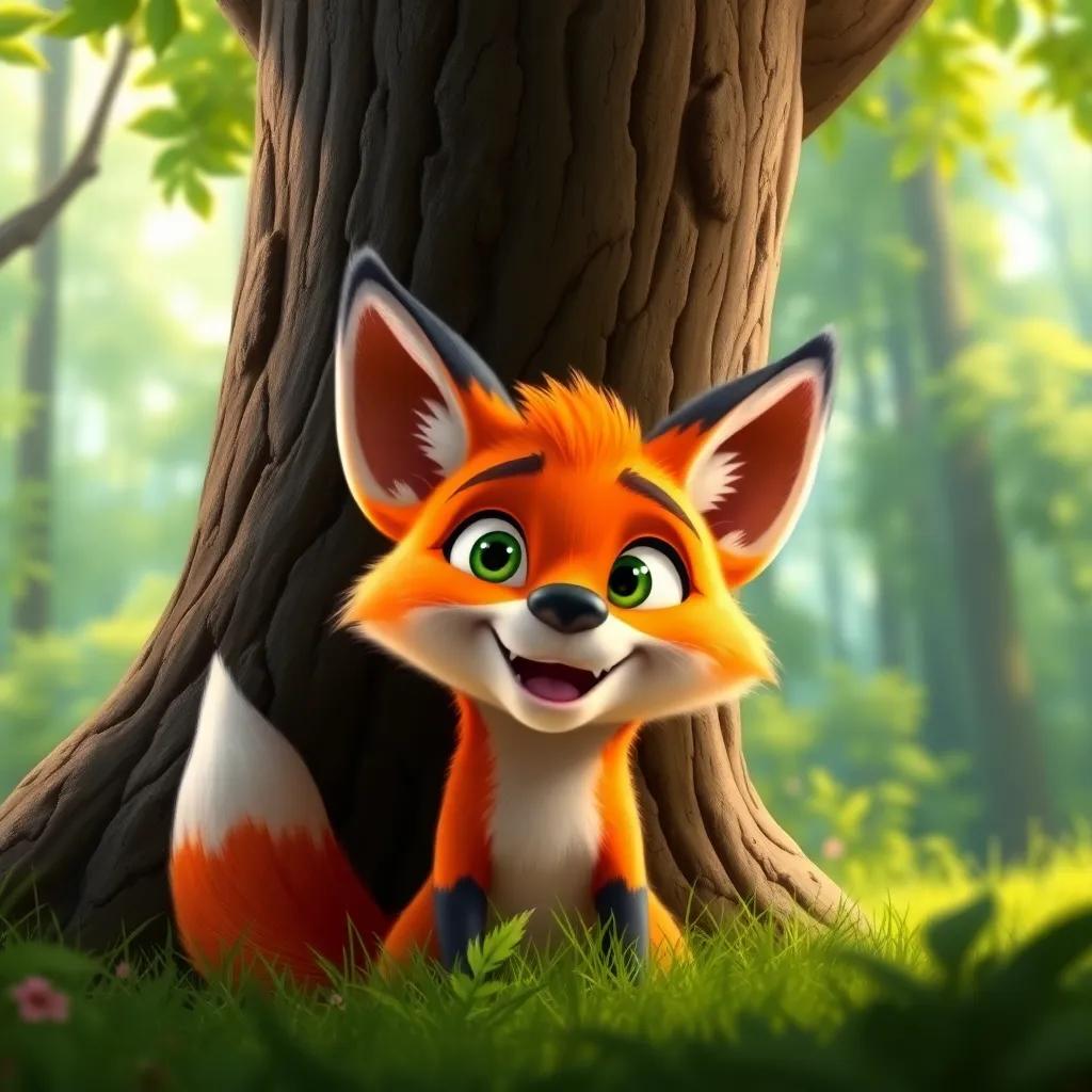 A cunning fox named Farfour, with bright orange fur and clever green eyes, hiding behind a large tree in a vibrant green forest, eager expression, digital art, warm colors, playful atmosphere, high quality