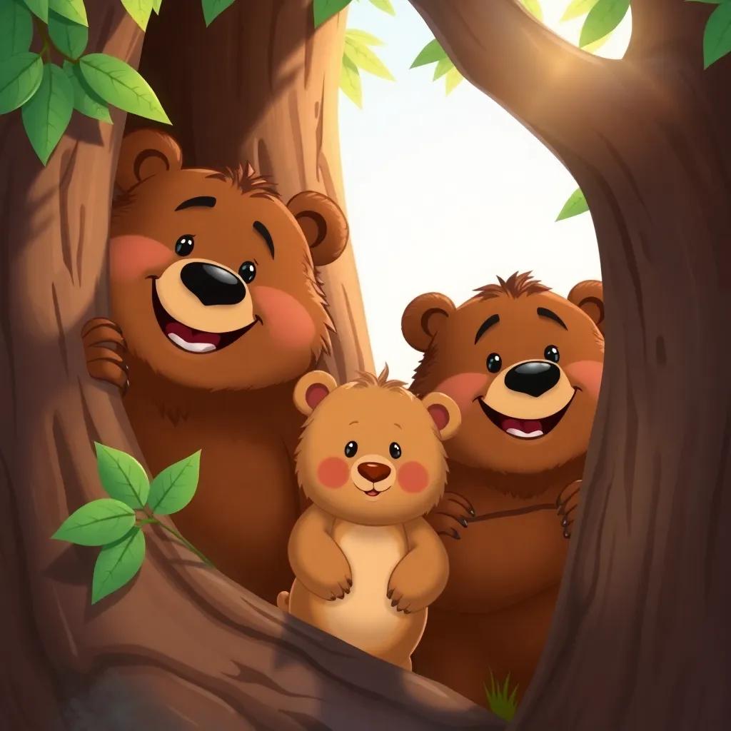 Three bears, two big brown bears and a small fluffy bear, peeking from behind a tree, smiling and playful, bright sunlight filtering through leaves, illustration, cheerful, adventure-themed, child-friendly