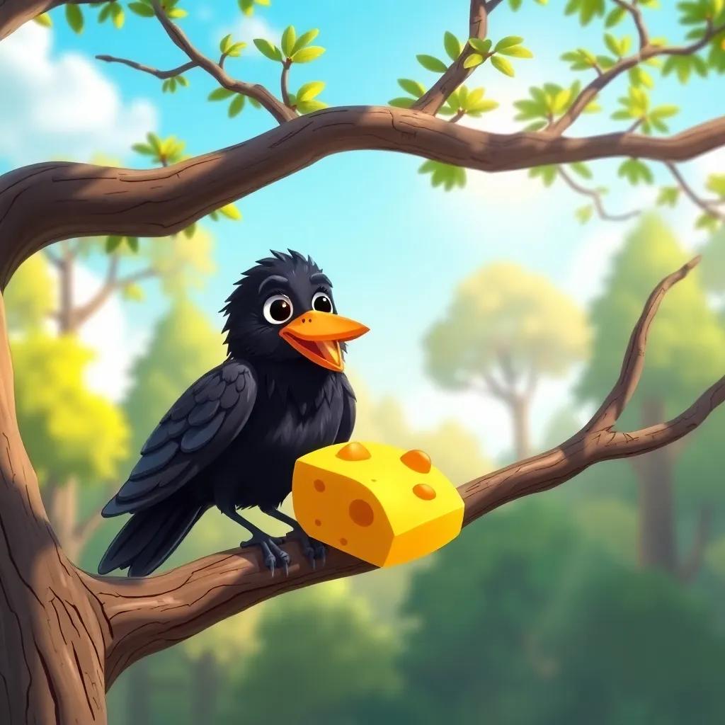 A black crow, sitting on a branch of a tree, holding a piece of cheese in its beak, with a sunny forest background, cheerful atmosphere, vibrant colors, child-friendly, digital art, high quality