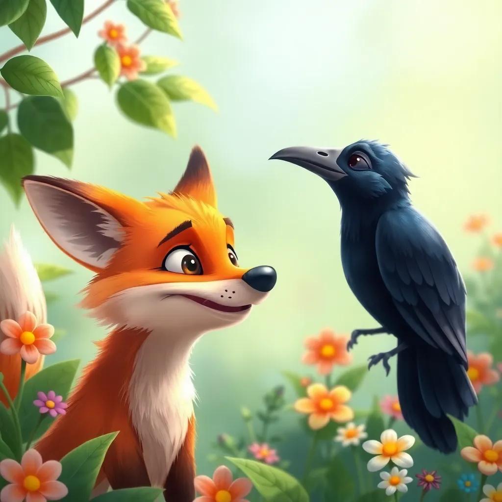 A sly fox, with orange fur and a cunning expression, looking up at the crow with admiration, surrounded by green leaves and colorful flowers, playful tone, bright colors, child-friendly, digital painting, high quality