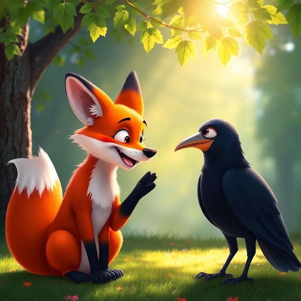 The fox charmingly talking to the crow, gesturing with its paw, as the crow looks flattered, with sunlight filtering through the leaves above, joyful interaction, bright and inviting colors, digital art, high quality