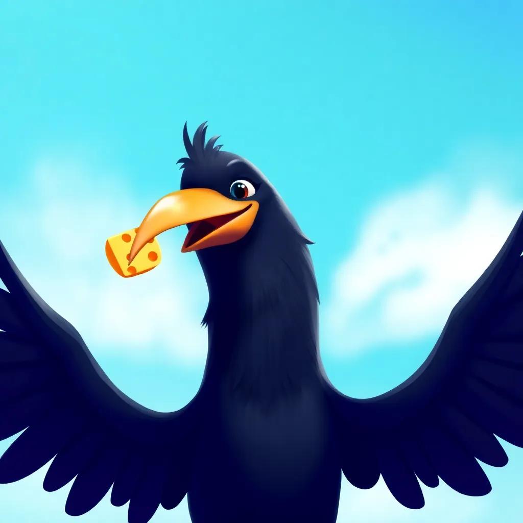 The crow, feeling proud, with its wings slightly spread, shows confidence, with a piece of cheese in its beak, against a backdrop of a clear blue sky, vibrant colors, child-friendly, digital painting, high quality