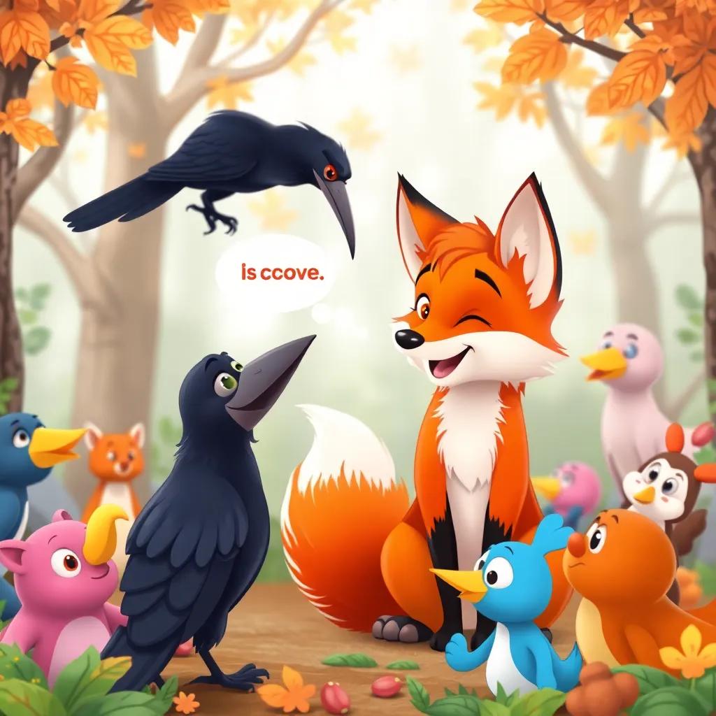 The fox deceiving the crow, whispering sweet words, with a charming smile, surrounded by colorful animated forest creatures looking on, friendly style, cheerful colors, digital art, high quality