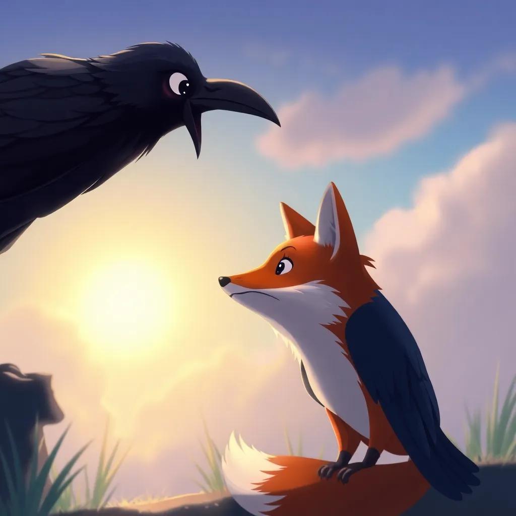 The crow pondering, looking thoughtfully at the fox, with the sun shining and forming a warm glow around them, peaceful feeling, vivid colors, child-friendly, digital painting, high quality
