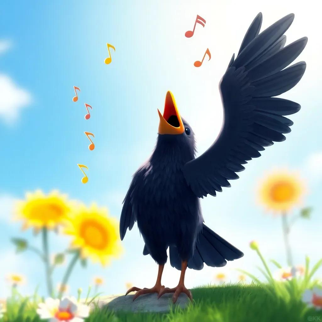 The crow singing beautifully, with musical notes floating around, his wings flapping joyfully, bright sunny day, vibrant colors, child-friendly, digital art, high quality