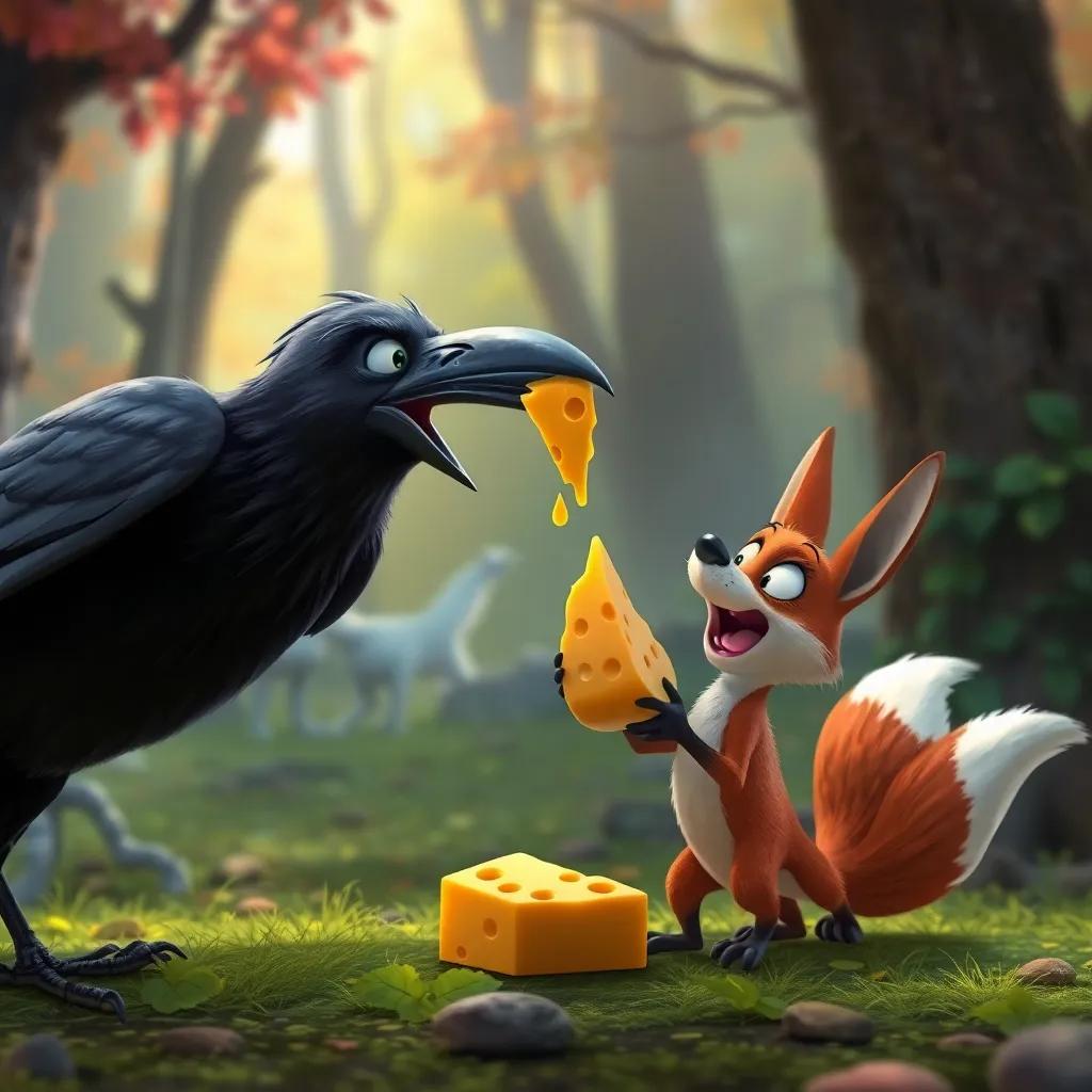 The cheese slipping from the crow's beak, as the sly fox eagerly reaches for it, dramatic scene with surprise, playful tone, colorful forest background, digital art, high quality
