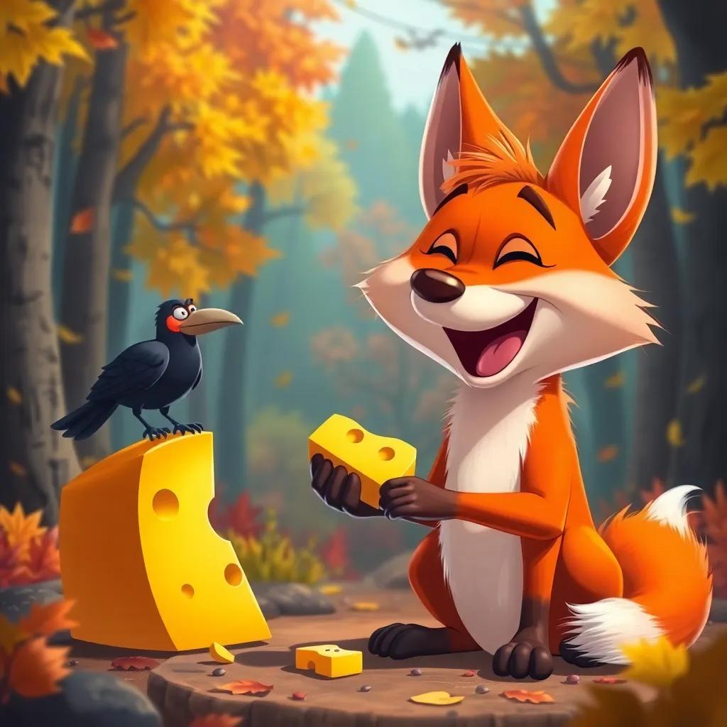 The fox laughing while holding the cheese, with the disappointed crow in the background, forest scenery with autumn colors, whimsical style, bright colors, child-friendly, digital art, high quality