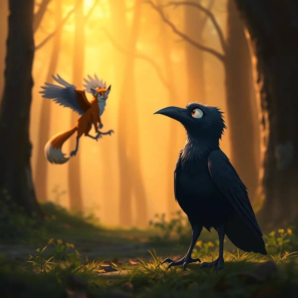 The crow determined to learn a lesson, with a thoughtful expression, looking at the departing fox, deep forest scene, warm light, reflective mood, digital painting, high quality