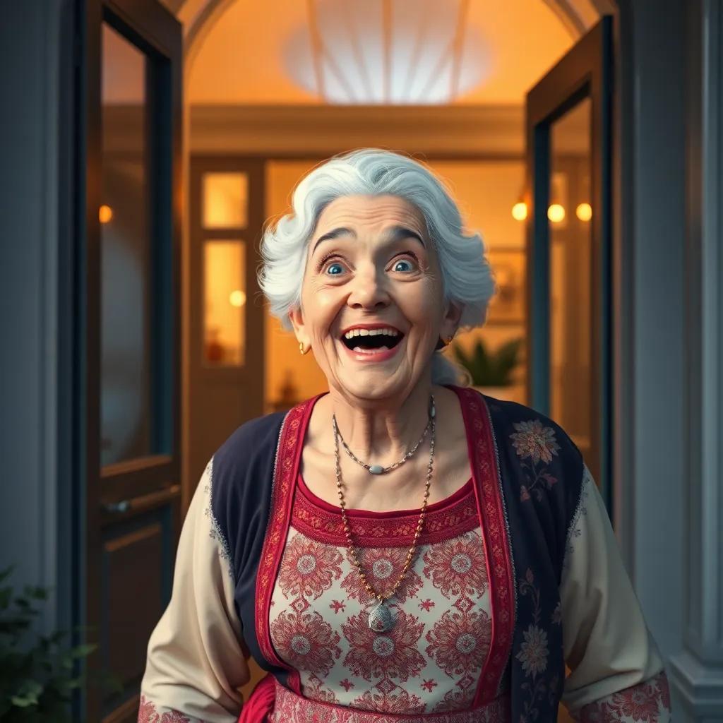 A joyful elderly woman, Soad, with white hair, wearing a traditional dress, entering a brightly lit modern house with a surprised expression, detailed digital art, warm lights, inviting atmosphere, high quality