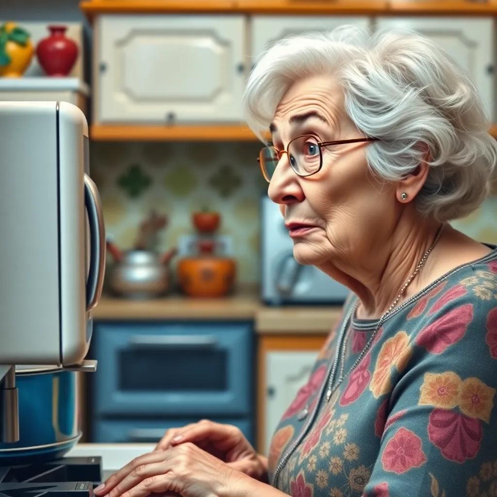 An elderly woman, Soad, looking shocked as the kitchen appliances are humming and cooking, amazed expression, colorful kitchen with modern design, cheerful colors, close-up, high quality